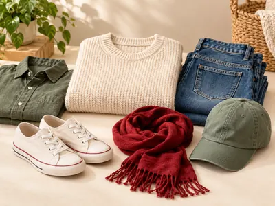 A folded sweater, jeans, a shirt, a scarf, a cap, and white sneakers