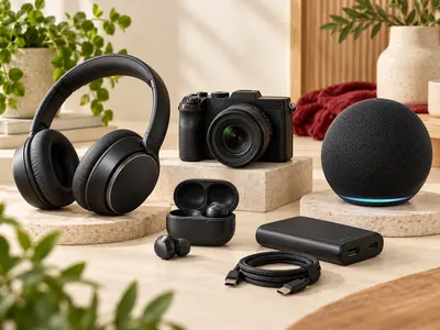 Headphones, a camera, wireless earbuds, a smart speaker, and a power bank