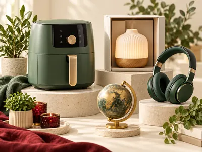 A green air fryer, headphones, a desk globe, and a lamp on display stands