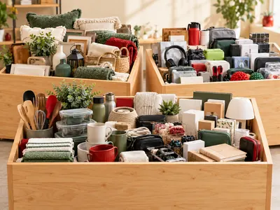 Wooden bins filled with mixed household goods and electronics