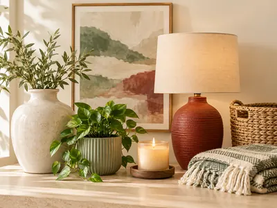 A table lamp, vases with greenery, a candle, a throw, and framed art