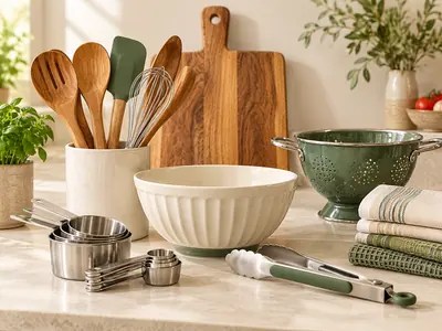 Wooden spoons, a whisk, measuring cups, a mixing bowl, and a colander