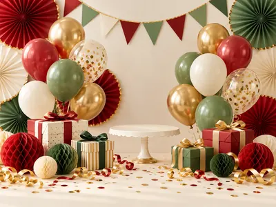 Balloons, paper fans, a pennant banner, and wrapped gifts