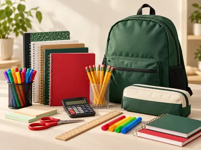 A green backpack, notebooks, pencils, markers, a calculator, and scissors