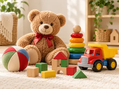 A teddy bear, a stacking ring toy, wooden blocks, a ball, and a toy truck