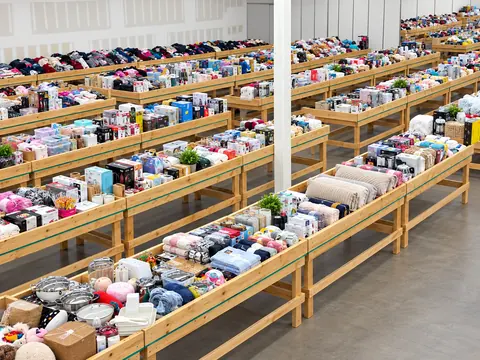 Aisles of wooden bins stocked with clothing and household goods