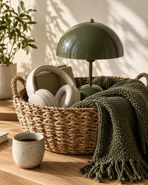 A green lamp, cream headphones, and a cozy throw tucked into a woven basket